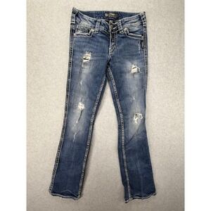 Silver Jeans Co Suki Mid Slim Bootcut Distressed W25 L31 Medium Wash Blue Denim